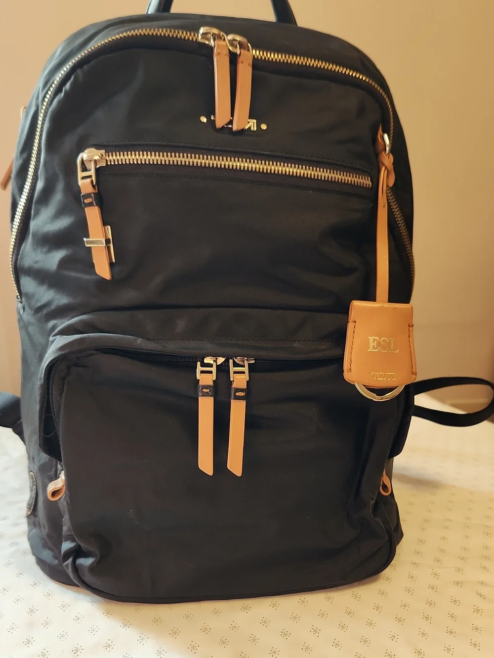 Tumi Voyager Harper Black Backpack with Tan Leather Accents